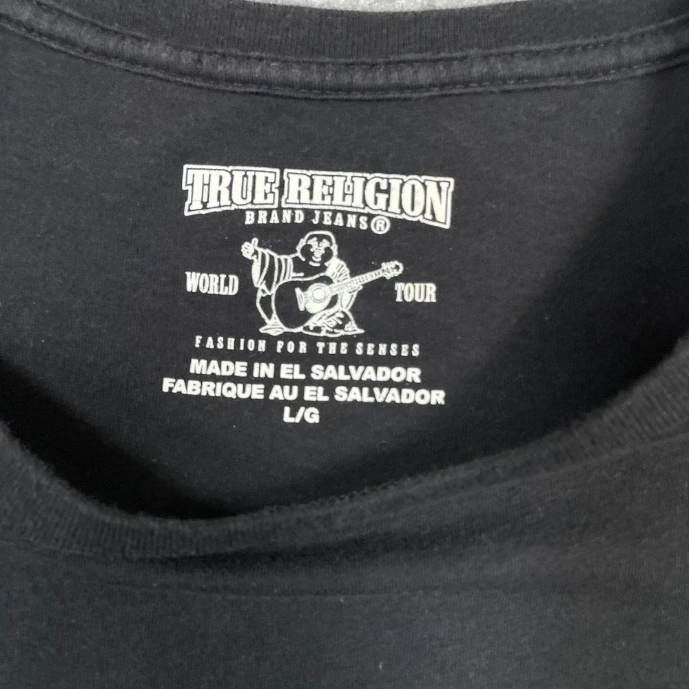 True Religion Mens T-Shirt L Black Graphic Buddha Guitar World Tour Tee